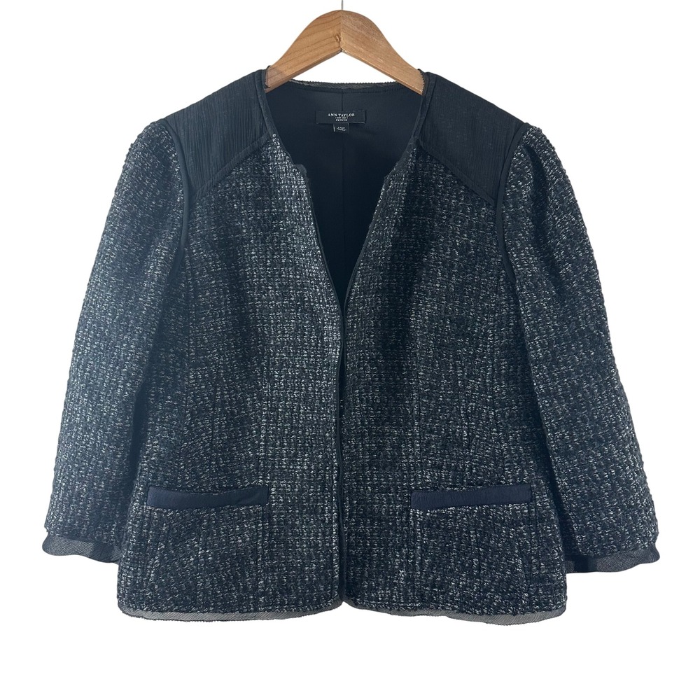Ann Taylor Petite 14P Navy Blue Tweed Blazer Jacket Collarless‎ Boucle Mesh Trim